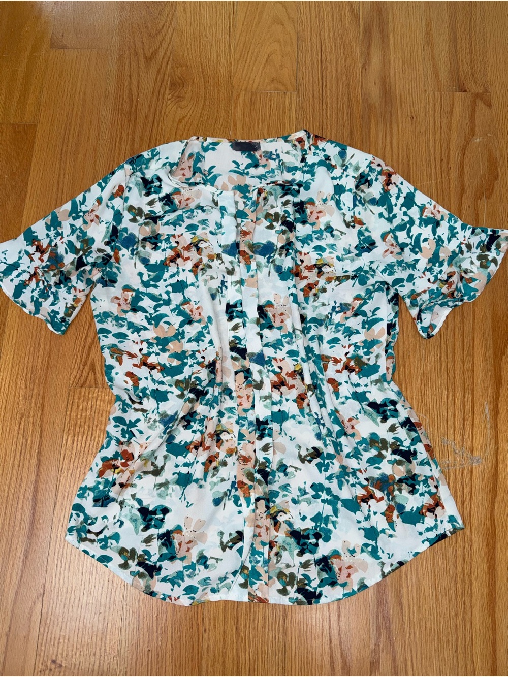 Floral Pintuck Short-Sleeve Blouse - Teal & Cream